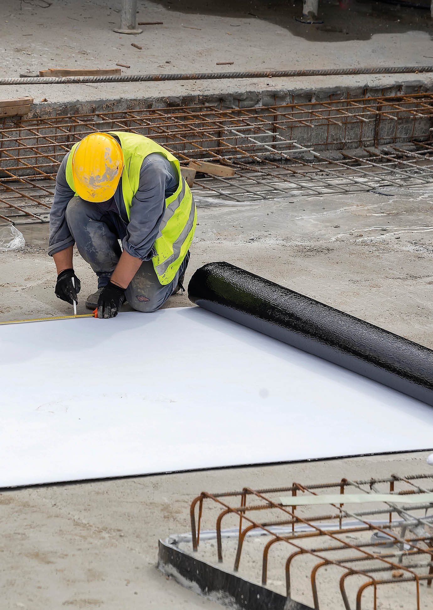 Preparing for foundation waterproofing installation at construction site. 